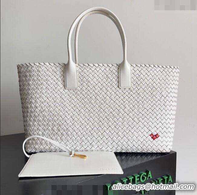 Grade Discount Bottega Veneta Large Cabat Tote Bag in Intreccio Leather with Red Heart 608811 White 2024