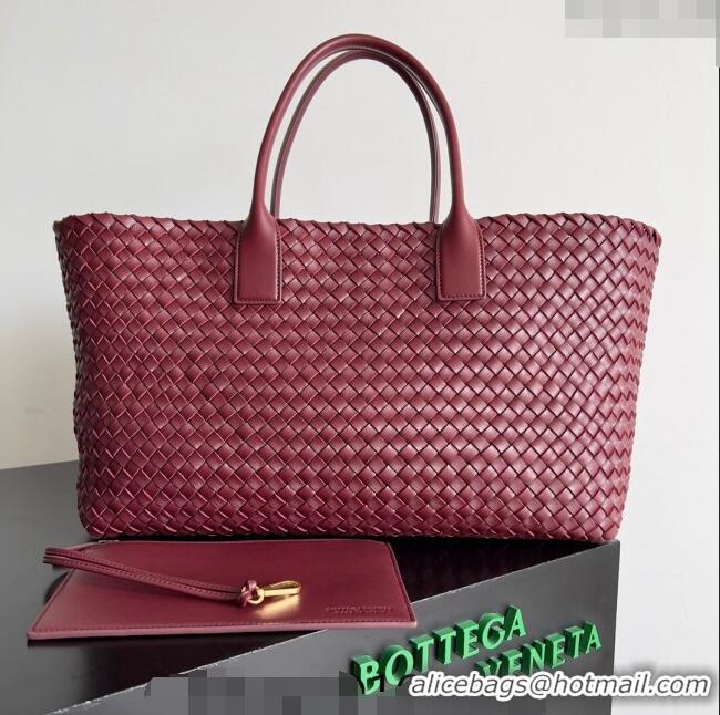 Good Looking Bottega Veneta Large Cabat Tote Bag in Intreccio Leather 608811 Burgundy 2024