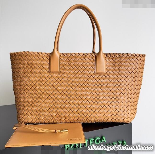 Most Popular Bottega Veneta Large Cabat Tote Bag in Intreccio Leather 608811 Light Brown 2024