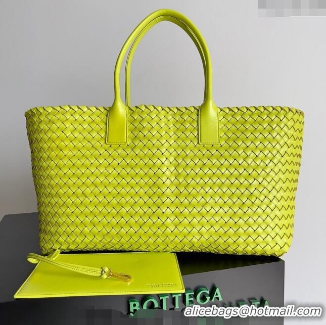 Inexpensive Bottega Veneta Large Cabat Tote Bag in Intreccio Leather 608811 Neon Yellow 2024