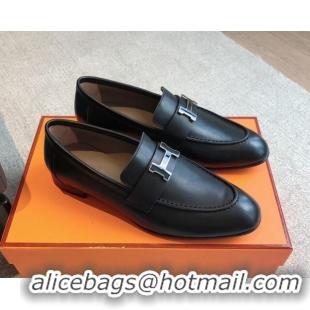 Sophisticated Hermes Paris Calfskin Loafers Black/Buckle 425209