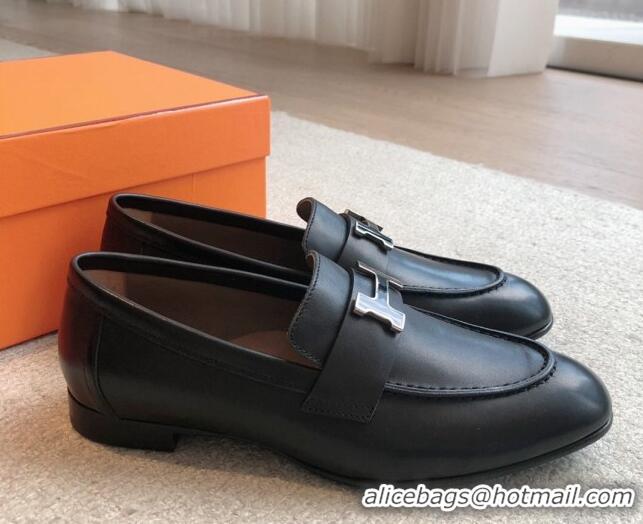 Sophisticated Hermes Paris Calfskin Loafers Black/Buckle 425209