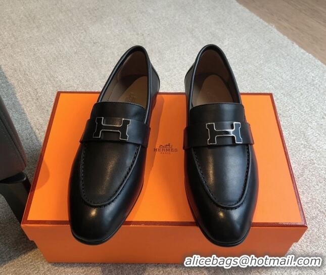 Sophisticated Hermes Paris Calfskin Loafers Black/Buckle 425209