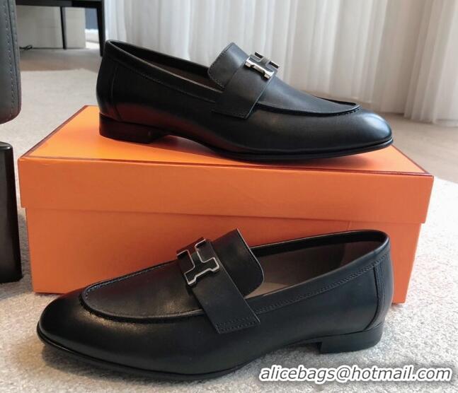 Sophisticated Hermes Paris Calfskin Loafers Black/Buckle 425209