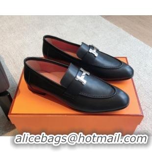 Stylish Hermes Paris Calfskin Loafers Black/Silver 425210