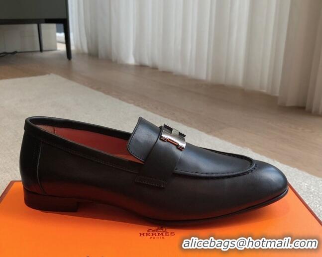 Stylish Hermes Paris Calfskin Loafers Black/Silver 425210