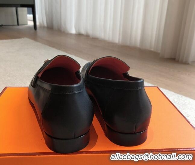 Stylish Hermes Paris Calfskin Loafers Black/Silver 425210