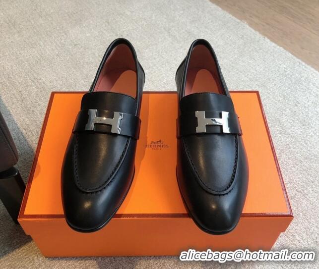 Stylish Hermes Paris Calfskin Loafers Black/Silver 425210