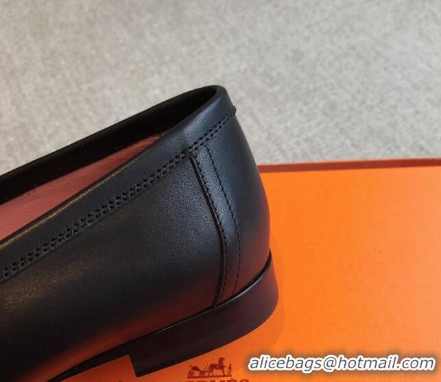 Stylish Hermes Paris Calfskin Loafers Black/Silver 425210