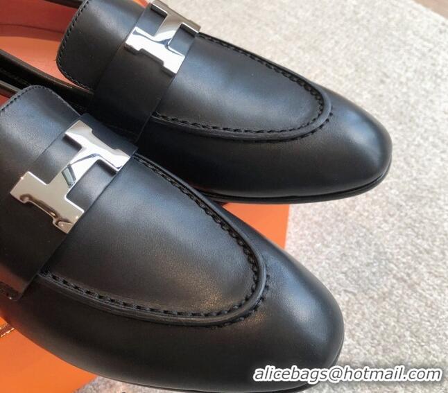 Stylish Hermes Paris Calfskin Loafers Black/Silver 425210