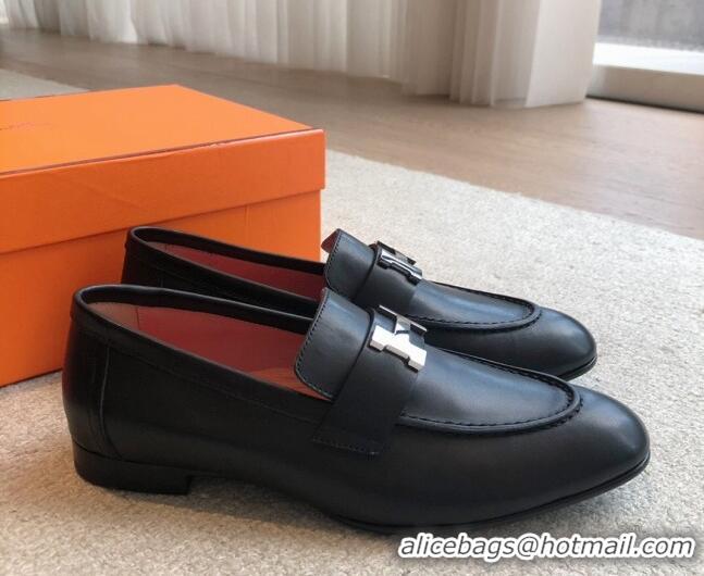 Stylish Hermes Paris Calfskin Loafers Black/Silver 425210