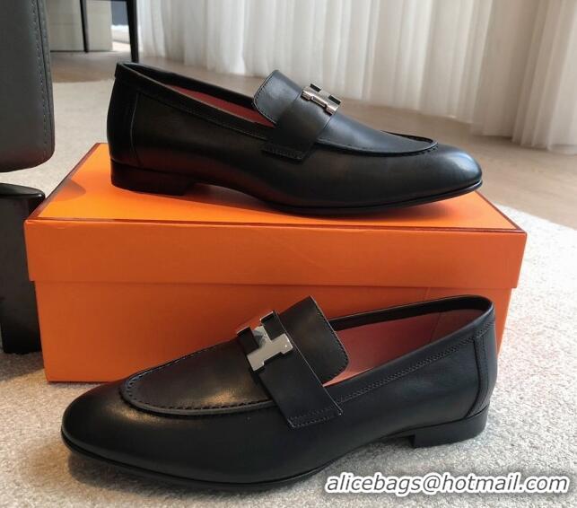 Stylish Hermes Paris Calfskin Loafers Black/Silver 425210