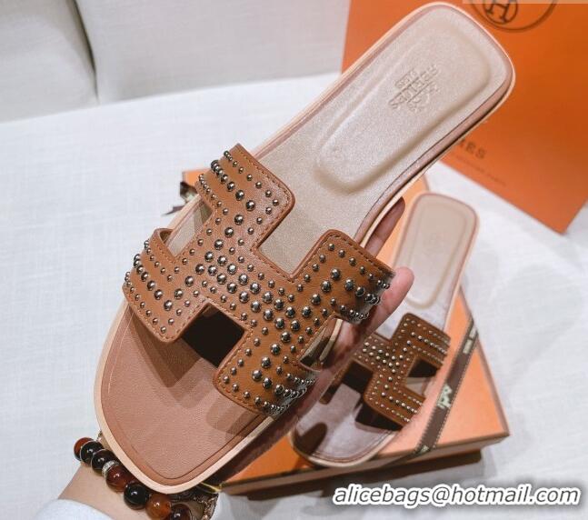 Good Quality Hermes Oran Calfskin Flat Slide Sandals with Silver-Tone Studs Brown 426002