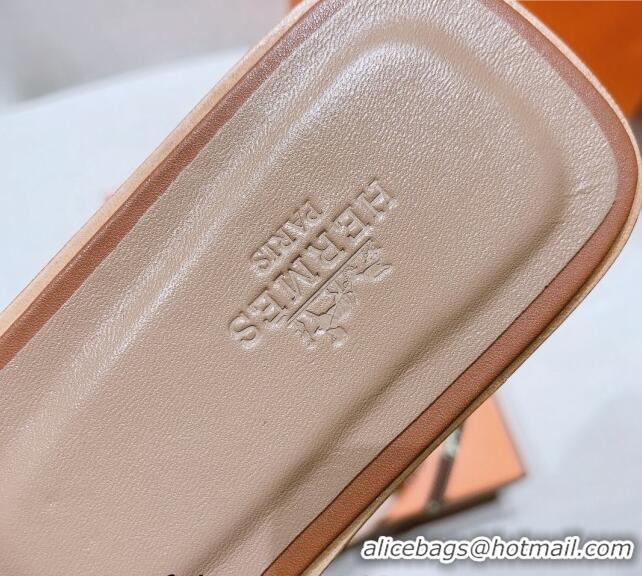 Good Quality Hermes Oran Calfskin Flat Slide Sandals with Silver-Tone Studs Brown 426002