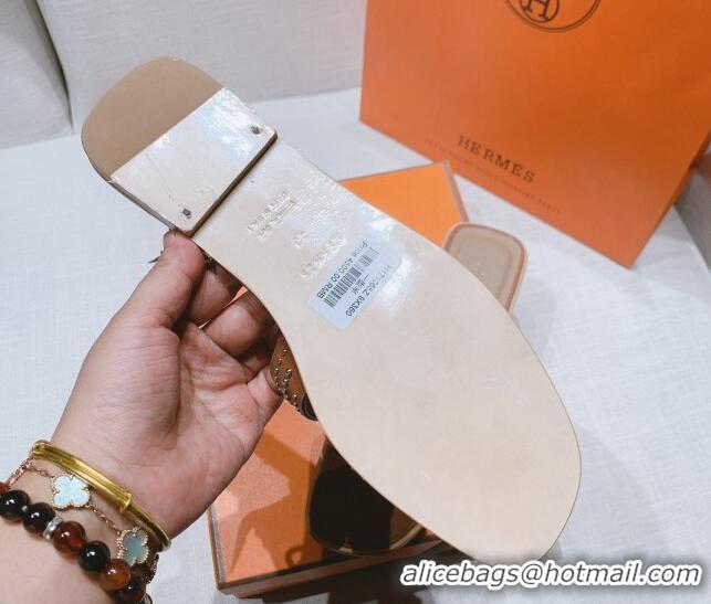 Good Quality Hermes Oran Calfskin Flat Slide Sandals with Silver-Tone Studs Brown 426002