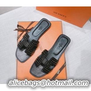 Grade Quality Hermes Oran Calfskin Flat Slide Sandals with Silver-Tone Studs Black 426003