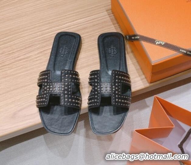 Grade Quality Hermes Oran Calfskin Flat Slide Sandals with Silver-Tone Studs Black 426003