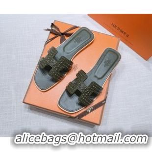 Buy Luxury Hermes Oran Calfskin Flat Slide Sandals with Silver-Tone Studs Green 426004