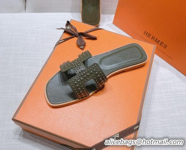 Buy Luxury Hermes Oran Calfskin Flat Slide Sandals with Silver-Tone Studs Green 426004