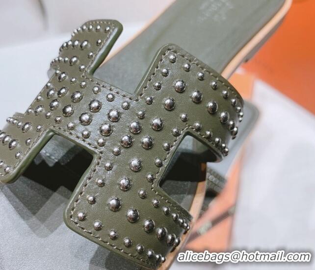 Buy Luxury Hermes Oran Calfskin Flat Slide Sandals with Silver-Tone Studs Green 426004