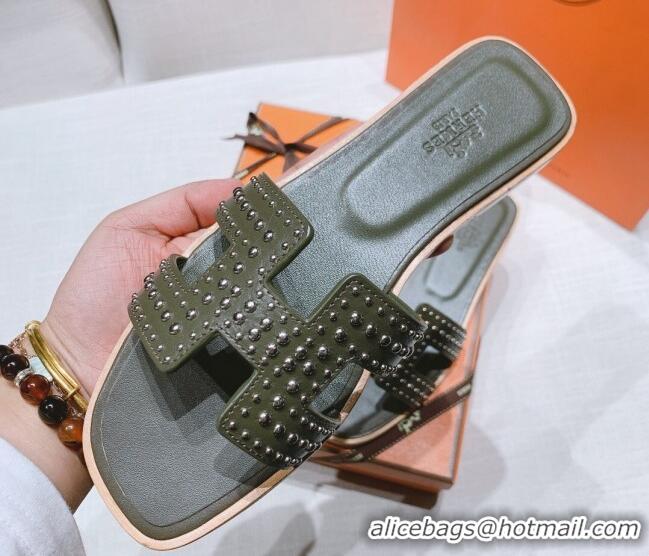 Buy Luxury Hermes Oran Calfskin Flat Slide Sandals with Silver-Tone Studs Green 426004