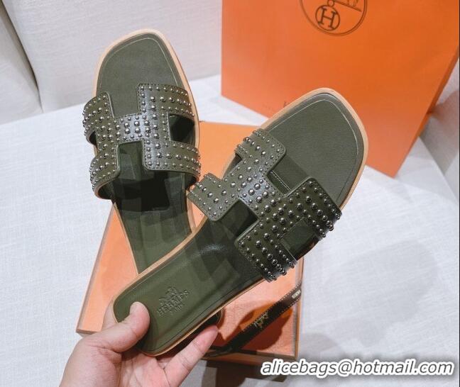 Buy Luxury Hermes Oran Calfskin Flat Slide Sandals with Silver-Tone Studs Green 426004