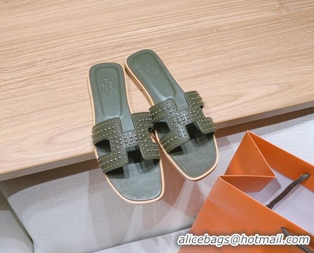 Buy Luxury Hermes Oran Calfskin Flat Slide Sandals with Silver-Tone Studs Green 426004