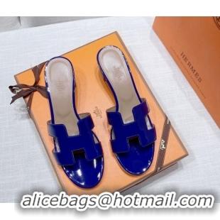 Stylish Hermes Oasis Heel Slide Sandals in Patent Calfskin Blue 426005