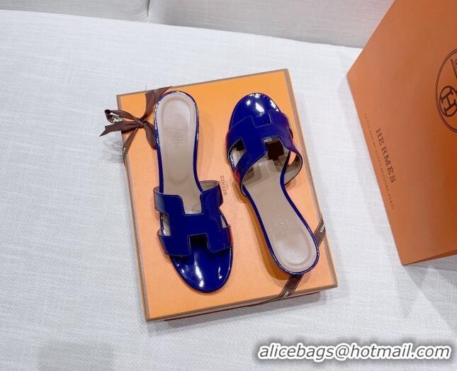 Stylish Hermes Oasis Heel Slide Sandals in Patent Calfskin Blue 426005