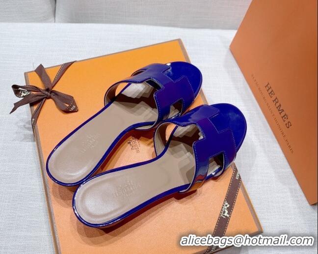 Stylish Hermes Oasis Heel Slide Sandals in Patent Calfskin Blue 426005