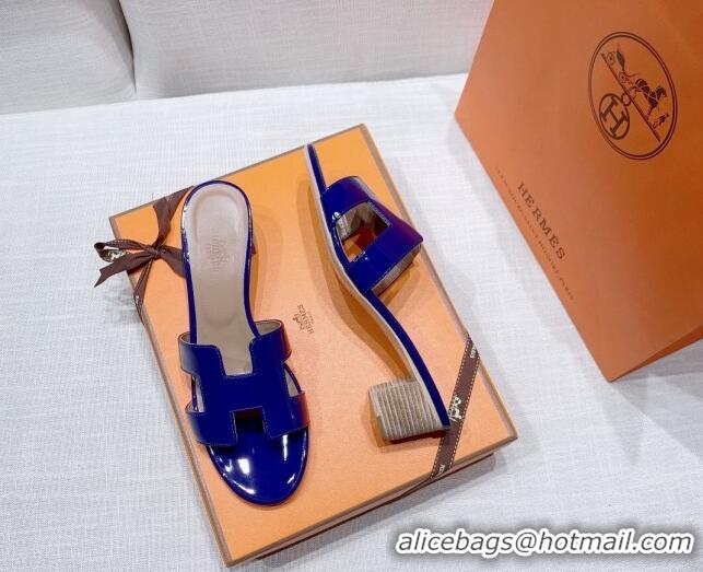 Stylish Hermes Oasis Heel Slide Sandals in Patent Calfskin Blue 426005