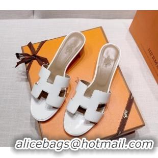 Top Grade Hermes Oasis Heel Slide Sandals in Patent Calfskin White 426006