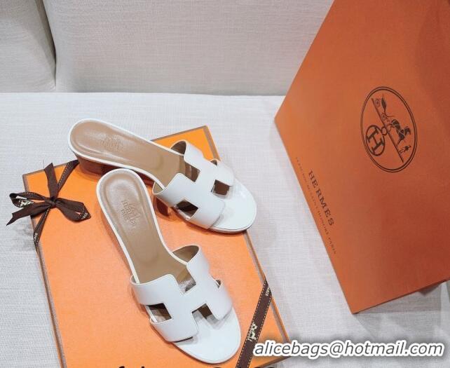 Top Grade Hermes Oasis Heel Slide Sandals in Patent Calfskin White 426006