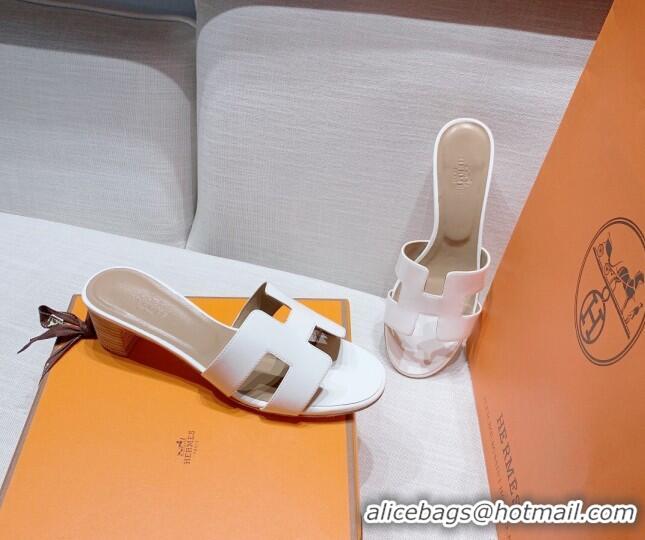 Top Grade Hermes Oasis Heel Slide Sandals in Patent Calfskin White 426006