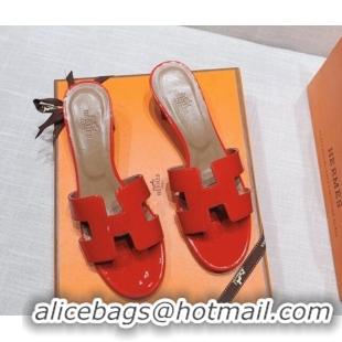 Pretty Style Hermes Oasis Heel Slide Sandals in Patent Calfskin Red 426009