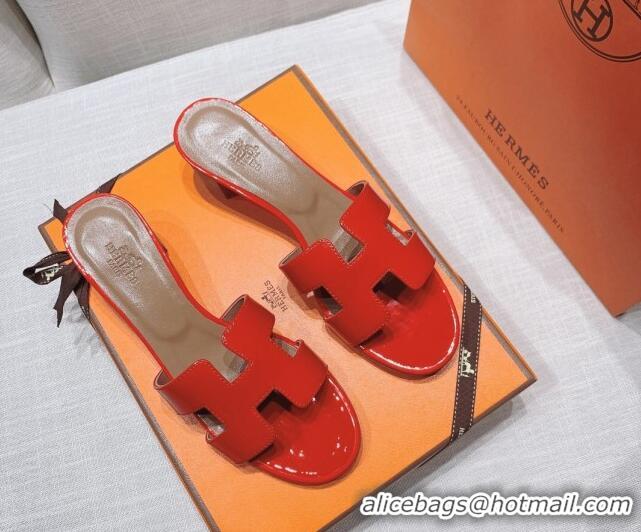 Pretty Style Hermes Oasis Heel Slide Sandals in Patent Calfskin Red 426009