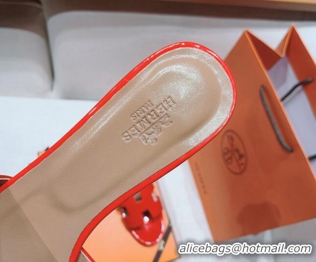 Pretty Style Hermes Oasis Heel Slide Sandals in Patent Calfskin Red 426009