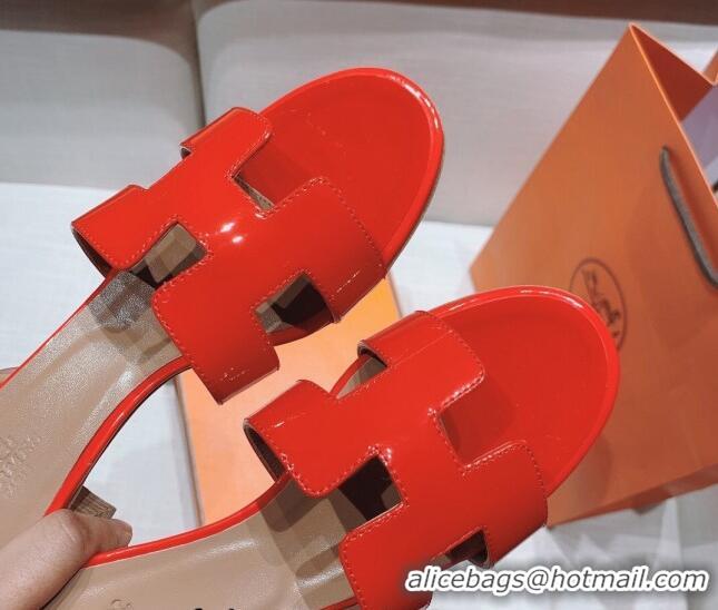 Pretty Style Hermes Oasis Heel Slide Sandals in Patent Calfskin Red 426009