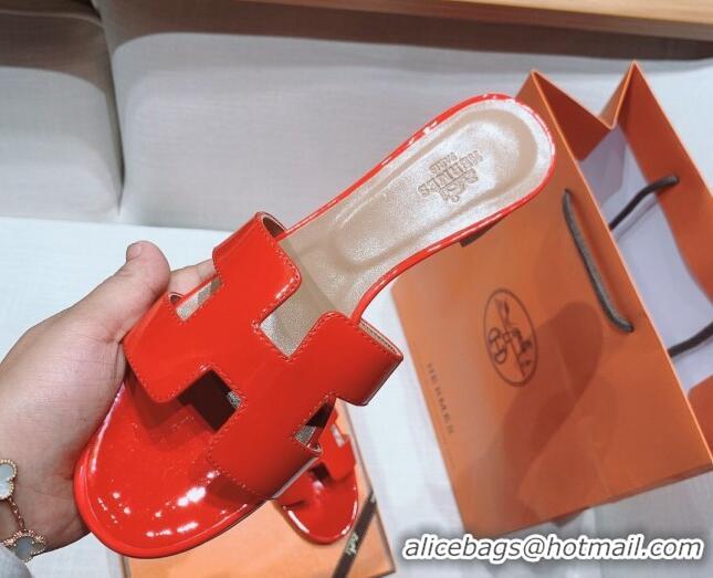 Pretty Style Hermes Oasis Heel Slide Sandals in Patent Calfskin Red 426009