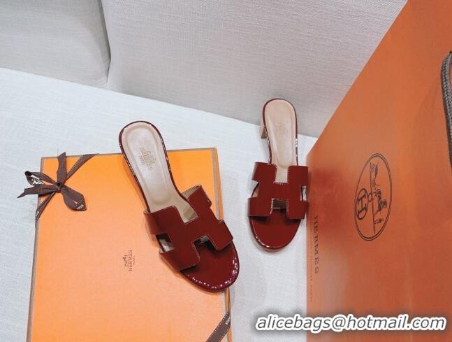 Top Design Hermes Oasis Heel Slide Sandals in Patent Calfskin Burgundy 426011