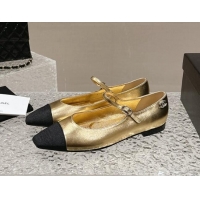 Unique Style Chanel Lambskin & Grosgrain Mary Janes Flat Ballet Gold 423102