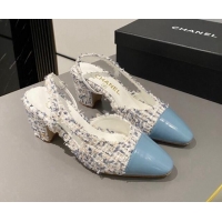 Sumptuous Chanel Tweed & Calfskin Slingbacks Pumps 6.5cm G31318 Blue 423126