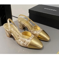 Best Grade Chanel Tweed & Calfskin Slingbacks Pumps 6.5cm G31318 Gold 423116