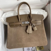 Super Quality Hermes Birkin 25 Bag in Original Swift and Suede Leather H025 Etoupe/Silver 2024 (Full Handmade)