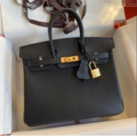 Luxury Discount Hermes Birkin 25cm Bag in Original Chèvre Leather H025 Black/Gold 2024 (Full Handmade)