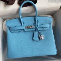 Pretty Style Hermes Birkin 25cm Bag in Original Chèvre Leather H025 Candy Blue/Silver 2024 (Full Handmade)