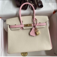 Promotional Hermes Birkin 25cm Bag in Original Chèvre Leather H025 Cream White/3Q Pink/Gold 2024 (Full Handmade)