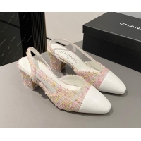 Stylish Chanel Tweed & Patent Calfskin Slingbacks Pumps 6.5cm G31318 White/Pink 423125