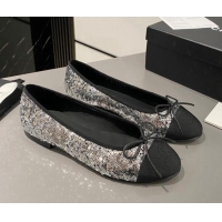 Pretty Style Chanel Sequins & Grosgrain Ballet Flat with Bow G45591 Silver 423133