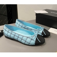 AAAAA Chanel Quilted Lambskin & Grosgrain Ballet Flat with Bow G45591 Light Blue 423136